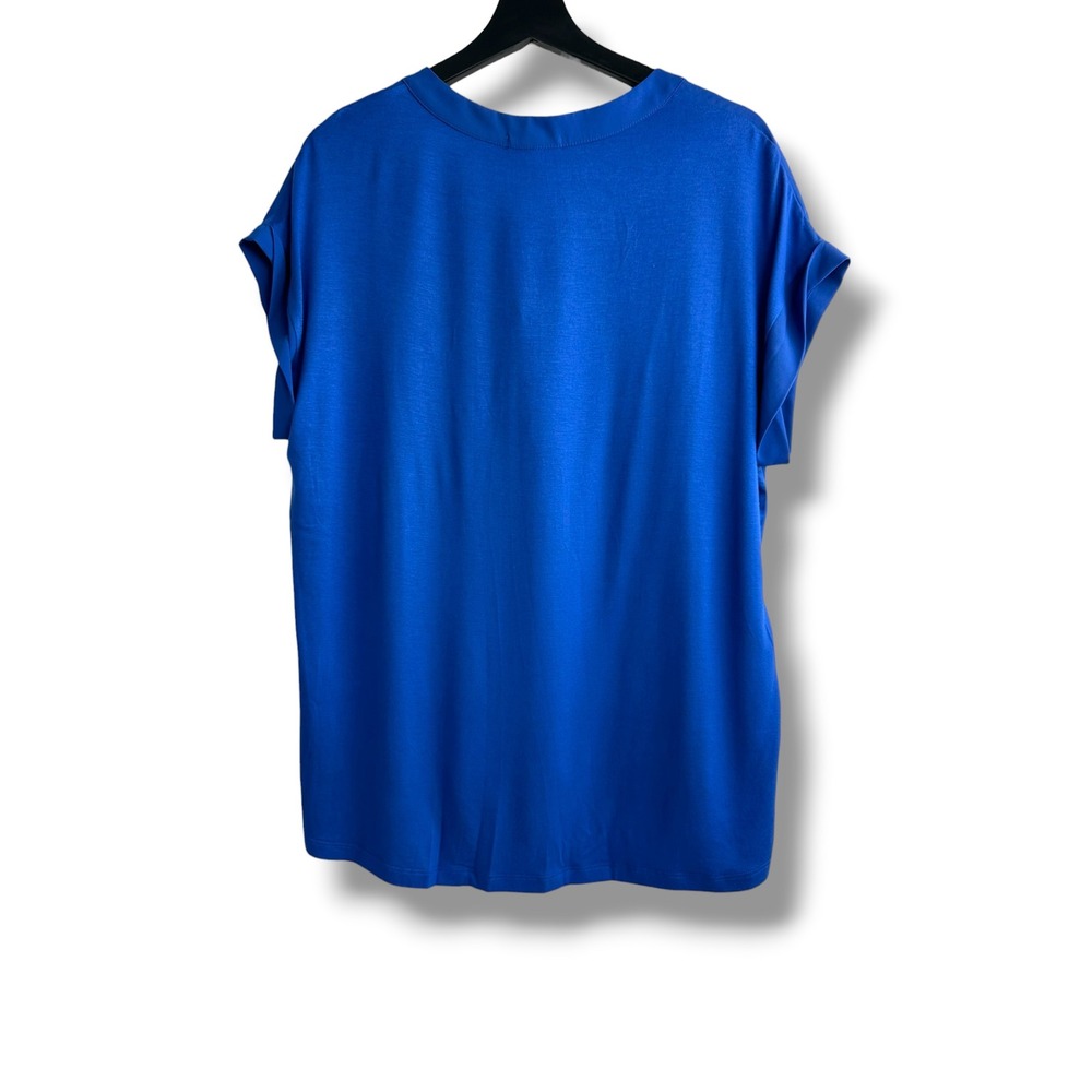 Pleione Womens Royal Blue Split Neck Mixed Media Blouse‎ Short Sleeve Large NWT